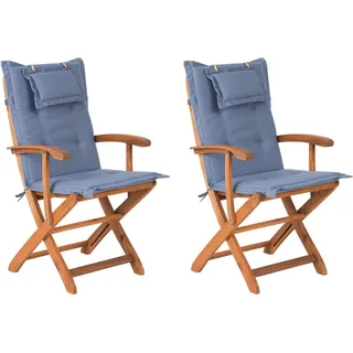 BELIANI Gartenstühle 2er Set Hellbraun Blau Akazienholz mit Armlehnen inkl. Auflagen Klappbar Balkon - Braun, Blau