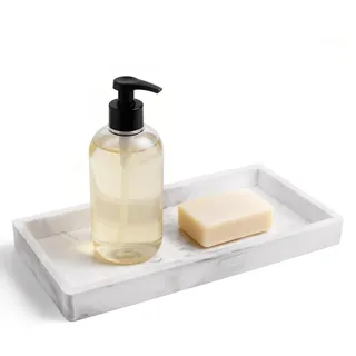 Badezimmer Tablett, Badezimmertablett aus Kunstharz, 20 x 10 cm | Tablett Rechteckig Silikon, Marmor Ablageschale, Dekorative Arbeitsplatte Organizer Blanc für Küchenspüle, Schmuck, Parfüm