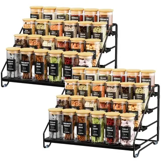 Gucass 2 Stück 4 Etagen Gewürzregal Stehend, Gewürzständer Metall Einstellbar Ohne Bohren, Gewürzhalter Spice Rack Organizer für die Küche, Schrank und Arbeitsplatte, Küchenorganizer Regal (Schwarz)
