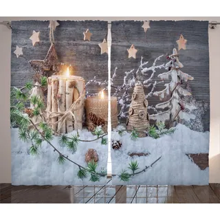 ABAKUHAUS Weihnachten Rustikaler Gardine, Kerzen mit Laternen, Schlafzimmer Kräuselband Vorhang mit Schlaufen und Haken, 280 x 175 cm, Weiß Braun