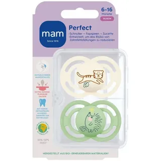 MAM Perfect Schnuller im 2er-Set, für eine gesunde Zahn- und Kieferentwicklung, Baby Schnuller aus nachhaltigen & bio-erneuerbaren Materialien, mit Schnullerbox, 6-16 Monate, Tiger/Igel