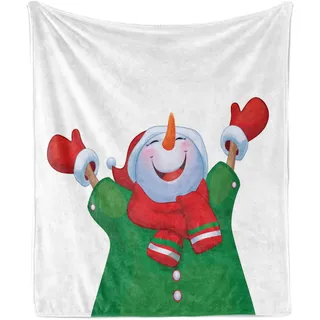 ABAKUHAUS Schneemann Weich Flanell Fleece Decke, Glückliche Cartoon-Figur in Handschuhe und ein Schal hob die Hände in die Luft, 175 x 230 cm, Mehrfarbig