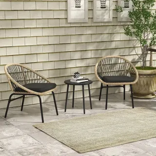 Outsunny 3-tlg. Rattan Gartenmöbel-Set, Balkonmöbel-Set mit Couchtisch, 2 Stühlen, Sitzgarnitur mit Kissen, Gartensitzgruppe für Balkon, Terrasse, Polyester, Gelb