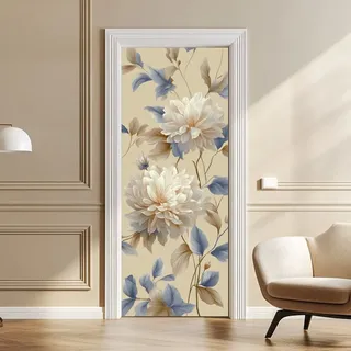 arricraft 2 Stück Selbstklebende Türaufkleber 31.5"X78.7" 3D Moderne Neutrale Weiße Blumen Muster Tür Wandbilder Aufkleber PVC Türen Abnehmbare Tapeten Für Schlafzimmer Wohnzimmer Home Dekoration