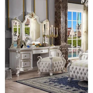 Geschnitzte Barock Möbel Schminktisch Hocker Spiegel Schlafzimmer Kommode 3tlg. - Weiß