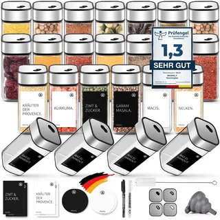 Miorkly 24 Gewürzgläser Eckig,120ML Gewürzdosen Set mit Streueinsatz,Gewürzstreuer mit Drehdeckel-Starke Versiegelung,Edelstahl-Glas Gewürz Organizer inklusive Trichter, Etikett und Stift