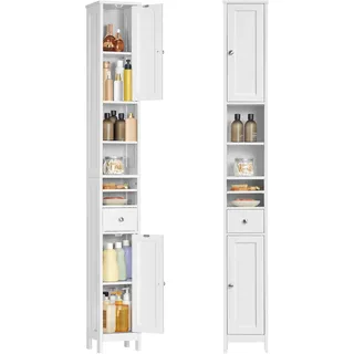 VASAGLE Badschrank, hoch, schmaler Aufbewahrungsschrank, mit verstellbaren Ablagen, Schublade, offenen Fächern, für kleine Räume, modern, wolkenweiß BBC765W01
