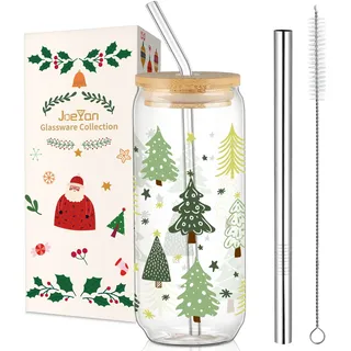 Joeyan 600ml Weihnachtsgläser, 20 oz Trinkgläser Weihnachten mit Deckel und Strohhalm, Weihnachtsbecher mit Grün Weihnachtsbaum für Matcha Eiskaffee Smoothie Bubble Tea, Schöne Weihnachtsgeschenke