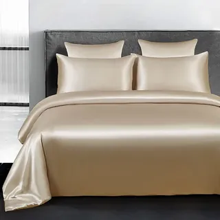 Omela Satin Bettwäsche Set 135x200 Taupe Beige Einfarbig Unifarben Glatt Bettbezug mit Reißverschluss 2 Teilig 100% Glanzsatin Polyester Sommerbettwäsche und Kissenbezug 80x80 cm