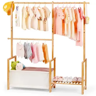 Relquorax Bambus Kleiderständer mit drei Hängebereiche, Kinder Kindergarderobe, kleiner Organizer Kleiderstange mit Aufbewahrungstasche und Ablage, für Kostüme und Accessoires