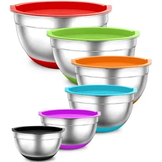 TEAMFAR Rührschüssel 6er-Set, Edelstahl Salatschüssel Schüssel Set mit Luftdichten Deckel und Silikonböden, Stapelbar & Multifunktional, Spülmaschinengeeignet, 0,7L / 1,5L / 1,6L / 2,5L / 2,8L / 4,6L
