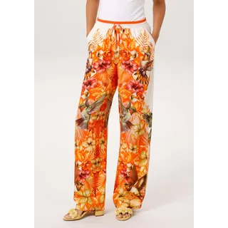 Schlupfhose ANISTON CASUAL, Damen, Gr. 48, N-Gr, orange (wollweiß, orange, gelb, rot, rosa, khaki, braun, grün), Web, Obermaterial: 100% Viskose, bedruckt, figurumspielend bodenlang, Hosen Schlupfhose, mit tropischen Vögeln, Blüten und Blättern bedruckt, Topseller