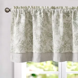 TOPICK Leinen Scheibengardinen 1er Pack Blumen Blickdicht Küchengardinen 45H x 125B(cm) Frühling Landhausstil Gardinen Verdunkelnd Vorhänge Kurz Bistrogardine Volant Wohnzimmer Fenster Grün auf Beige