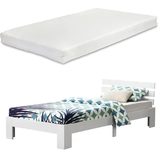 Holzbett Nivala 90x200 cm mit Kaltschaummatratze Kopfteil und Lattenrost Bettgestell bis 100 kg Einzelbett Gästebett Bettrahmen Kiefernholz Weiß - Weiß