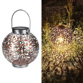 Navaris Metall LED Solarlaterne außen - Tragegriff - 16cm - cooler Schatteneffekt - Orientalische Garten Solar Laterne - Gartendeko Lampe Silber