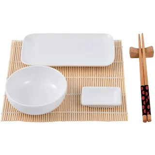 MasterPro Foodies | Sushi Set 12-teilig | Inklusive Soßenschalen, Telller, Esstäbchen und Tischdecke | Porzellan, Bambus und Holz | Sushi Maker | Ideal für den Genuss typisch japanischer Gerichte