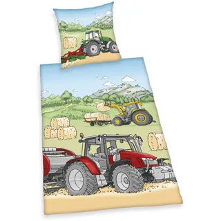 Herding Young Collection Traktor mehrfarbig Baumwolle/Flanell 135 x 200 cm + 80 x 80 cm
