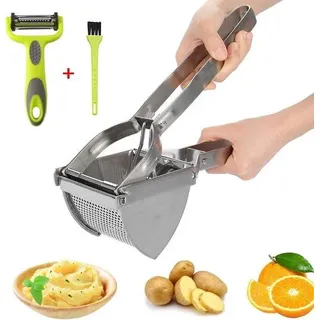 Famanu Kartoffelpressen Set Edelstahl - Kartoffelstampfer mit Bürste und Sparschäler für Babybrei, Püree und Gemüse