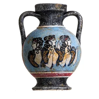 Antike Griechische Minoische Amphore Fresko Wandbild Damen In Blau Handgemachte Keramik Vase Klein