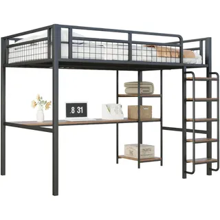 Stilvora Hochbett 140/200 cm in Schwarz mit Sicherheitsleiter, Tisch und Regal , Metall, Holz , 140x200 cm , Babymöbel & Kindermöbel, Kinderzimmer & Jugendzimmer, Kinderbetten, Hochbetten