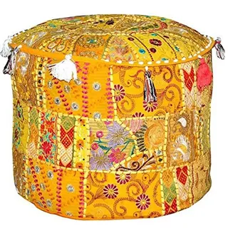 Aakriti Indischer Pouf Fußhocker mit Stickerei - Osmanischer Pouf Cover mit ethnischem Dekor - Baumwolle (Gelb, 46x33 cm)