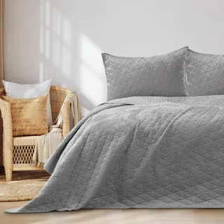 RESTILO Tagesdecke 200x220 cm Silber Steppung Velvet Samt Laila