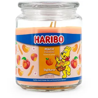 Haribo Duftkerze im Glas mit Deckel | Peach Paradise | Kerze Fruchtig | Kerzen lange Brenndauer (100h) | Geschenke für Frauen | Duftkerze Groß (510g)