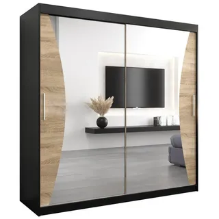 abiks möbel Schwebetürenschrank Schwarz, Sonoma Eiche, Kunststoff, Nachbildung, 9 Fächer, 200x200x62 cm Schlafzimmer, Kleiderschränke, Schwebetürenschränke