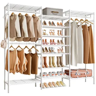 KZOBYD Kleiderständer, Multifunktional Garderobenständer mit Höhenverstellbaren Einlegeböden, Schwerlast Kleiderstange mit Schuhablage Metall Kleiderbügel Kleiderschrank mit Haken (Weiß)