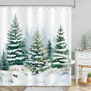 Bonhause Duschvorhang Weihnachten Baum Winter Kiefern Wald Xmas Duschvorhänge 180 x 180 cm Anti-Schimmel Wasserdicht Polyester Stoff Waschbar Bad Vorhäng für Badzimmer mit 12 Haken