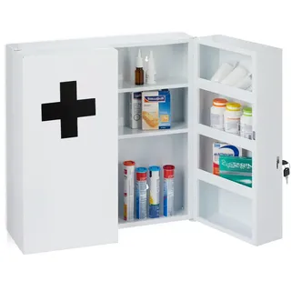 Relaxdays Medizinschrank Weiß Stahl abschließbar wandhängend 2-türig , Metall , 53x53.5x19 cm , Badezimmer, Badmöbel, Medizinschränke