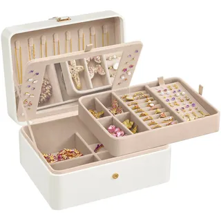 SONGMICS GISELLA Kollektion - Schmuckkästchen mit Spiegel, Schmuckkasten mit 2 Ebenen, flexibles Schmucktablett, 17,6 x 22 x 11 cm, Ohrstecker-Organizer, Geschenkidee, wolkenweiß JBC200W01S