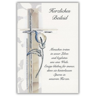 Bsb Trauerkarte zur Beerdigung - liebevolle Beileidskarten mit Umschlag - Trauerkarte hochwertig mit Calla mit Kreuz - Herzliches Beileid Karte Trauer - Kondolenzkarte in 11,5 x 17,0 cm