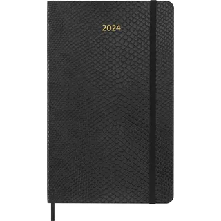 Moleskine Wochenkalender 12 Monate 2024 mit Box, Agenda 2024, Größe Large 13x21, weicher Einband und elastischer Verschluss, Schlangenhautimitat Farbe Schwarz