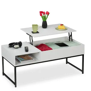 Relaxdays Couchtisch modern Weiß Holz 110 x 50 x 10,5 cm