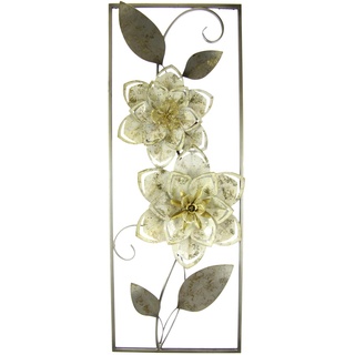 Flair Flower Wanddeko Metall Wandskulptur Blumen Blätter Metallbild Blume Bild 3D Skulptur Einzigartig Deko Terrassendeko Wandrelief Abstrakt Extravagant Geschenk Designer Blüten, creme, ca.74x29 cm