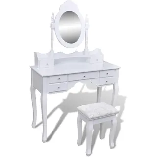 Schminktisch mit Spiegel und Hocker aus Kiefernholz Weiß, 7 Schubladen, XXL Größe, moderner Schminktisch mit Glasplatte, Makeup Table für Schlafzimmer und Ankleidezimmer - Weiß