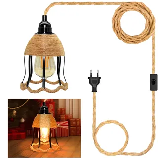 Hanfsei Hängelampe Kit mit Stecker, E27 Lampenfassung mit 510CM Hanfseil Kabel und Blumen Form Metall Lampenschirm, Fassung Lampenkabel mit Schalter, Pendelleuchte mit Stecker, Keine Glühbirne