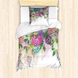 ABAKUHAUS Blume Mantele, Vintage Boho Inspiration, Milbensicher Allergiker geeignet mit Kissenbezügen, 135 cm x 200 cm - 80 x 80 cm, weiß Violett