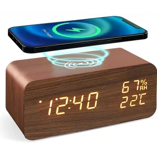 ThreeH Digitaler Holzwecker mit Telefon Ladefunktion Klima-Sensor & Sprachaktiviertem Licht für Zuhause/Büro