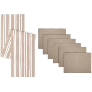 Encasa XO Tischläufer und Platzset Set 6 | Feingerippte Baumwolle | Franca Beige | 1 Tischläufer Größe 32x200 cm & Jede Tischmatte Größe 48x32 cm