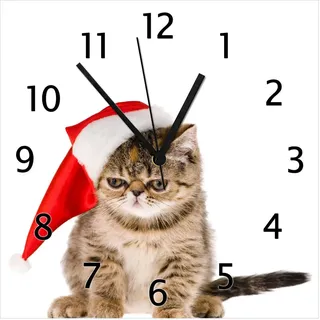 Wallario Design Wanduhr Ich hasse Weihnachten - mürrische Katze mit Weihnachtsmütze aus Echtglas, Größe 30 x 30 cm - Weiß