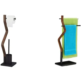 Relaxdays WC Garnitur stehend, Holz und Stahl, Toilettenpapierhalter mit Bürste, HBT 75 x 18,5 x 18,5 cm, schwarz/braun & Handtuchhalter stehend, Handtuchständer, 2 Stangen