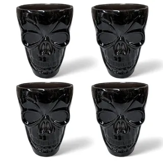 MIJOMA 4 Stück Set Schnapsgläser Totenkopf, schwarz, aus Kunststoff, wiederverwendbar, Shotgläser mit Skull-Relief für Halloween, Gruselpartys, Horrorfilmnächte, 50ml Fassungsvermögen