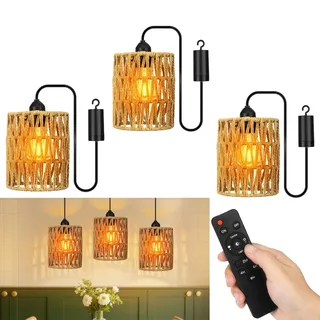 Strixorn Rattan Hängelampe mit Batterie 3pcs, E27 Retro Pendelleuchte mit Dimmbar Schalter, Vintage akku Hängelampe, Boho Lampe, Indoor/Outdoor Hängeleuchte für Schlafzimmer Foyer Balkon