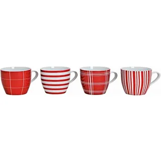 4er Set moderne Kaffeetassen aus Porzellan | 10 cm hoch | Ø 8 cm | 300 ml | Große Kaffeetasse in rot/weiß gestreift und kariert
