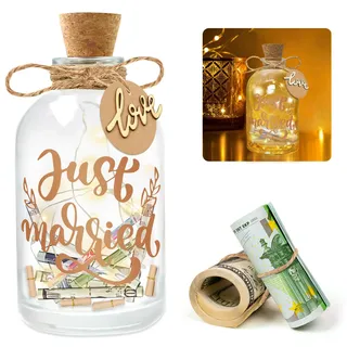 LED Flaschenlicht Hochzeitsgeschenke Geld für Brautpaar, Geldgeschenke Hochzeit Verpackungen, Hochzeitskasse Spardose Personalisiert Geschenke (Just Married)