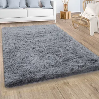 Paco Home Hochflor Teppich Wohnzimmer Fellteppich Kunstfell Shaggy Flauschig Grau
