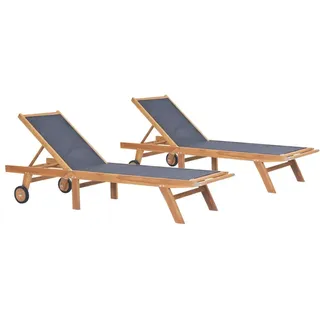 Klappbare Sonnenliegen mit Rollen 2-er Set Teak Massiv Textilene - Braun