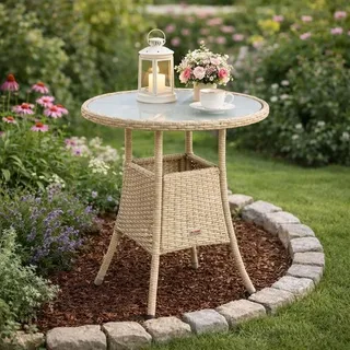 Beistelltisch Tisch Polyrattan Gartentisch Rattan Balkontisch Rund Beige - Beige
